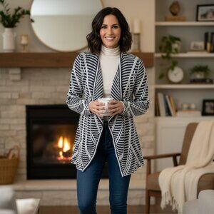 Nic + Zoe Open Front Cardigan Lightweight Navy White Geometric Texture, 1X